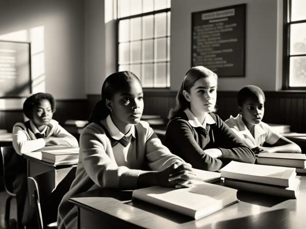 Grupo de estudiantes de los años 60 en un aula, rodeados de libros antiguos y materiales educativos, reflejando la educación en tiempos de represión