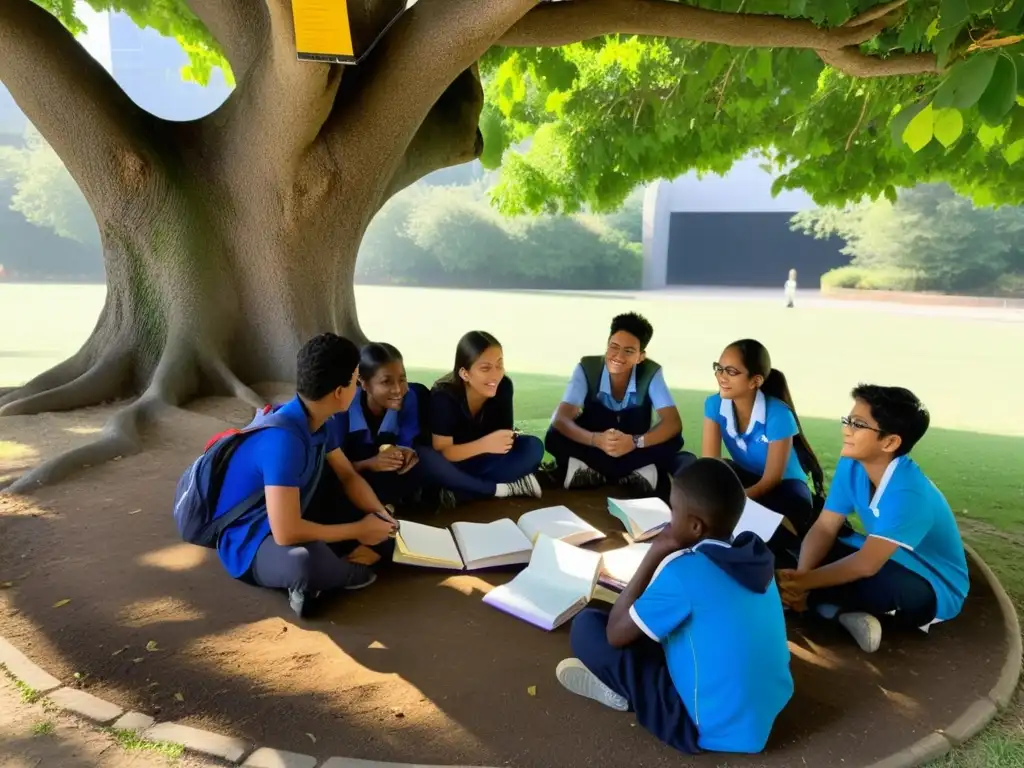 Grupo de estudiantes debatiendo bajo un árbol, participando en una sesión educativa no oficial al aire libre