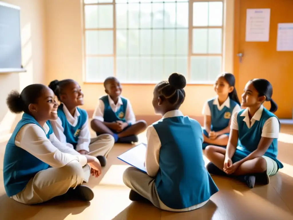 Un grupo de estudiantes atentos escuchando a su maestra en un aula luminosa