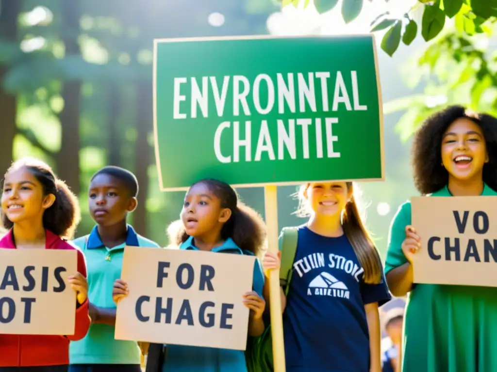 Un grupo de estudiantes sostiene carteles con mensajes ambientales frente a su escuela, rodeados de árboles verdes