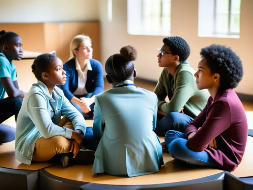 Un grupo de estudiantes diversos se reúne en círculo para conversar sobre derechos humanos en conflicto, mostrando empatía y concentración