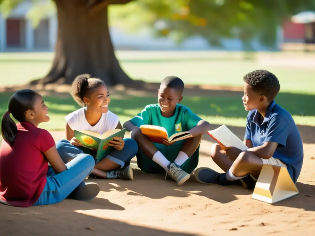 Grupo de estudiantes de una comunidad marginada leyendo y discutiendo libros bajo un árbol, en defensa del derecho a leer