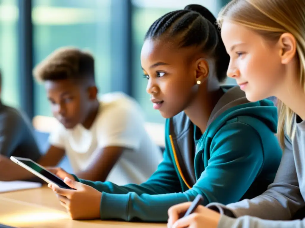 Grupo de estudiantes concentrados en taller de privacidad en la educación digital, interactuando con material educativo en tablets en aula luminosa