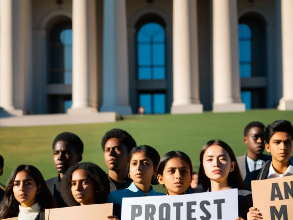 Grupo de estudiantes luchando por el derecho a la educación, sosteniendo pancartas con mensajes poderosos frente a un imponente edificio gubernamental