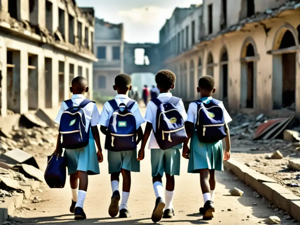 Grupo de estudiantes determinados caminando entre edificios dañados por conflictos armados, resaltando el impacto en la educación de los niños