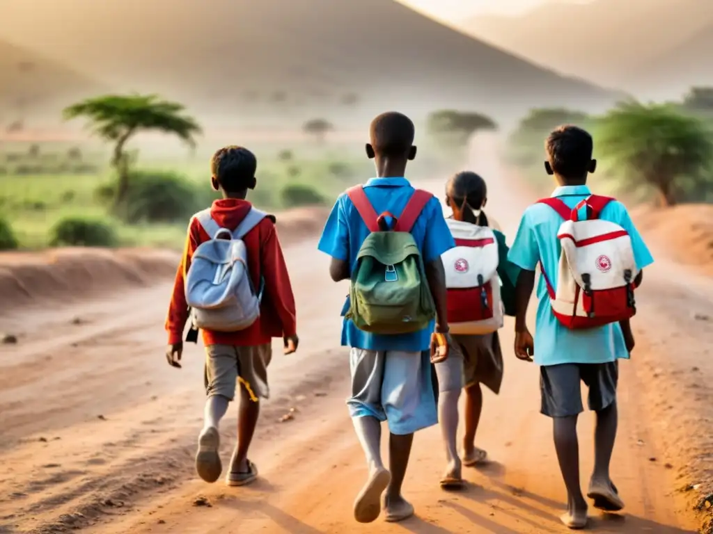 Grupo de jóvenes estudiantes caminando hacia una escuela improvisada al atardecer en una zona rural