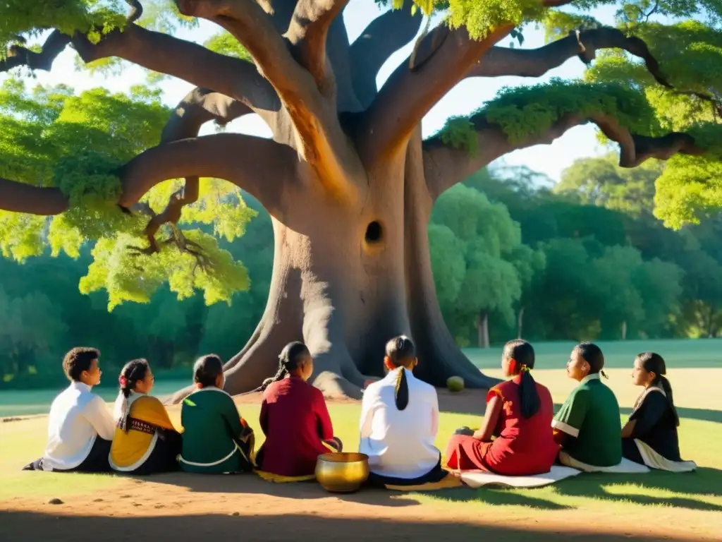 Un grupo de estudiantes indígenas escuchando atentamente a un anciano bajo un árbol antiguo