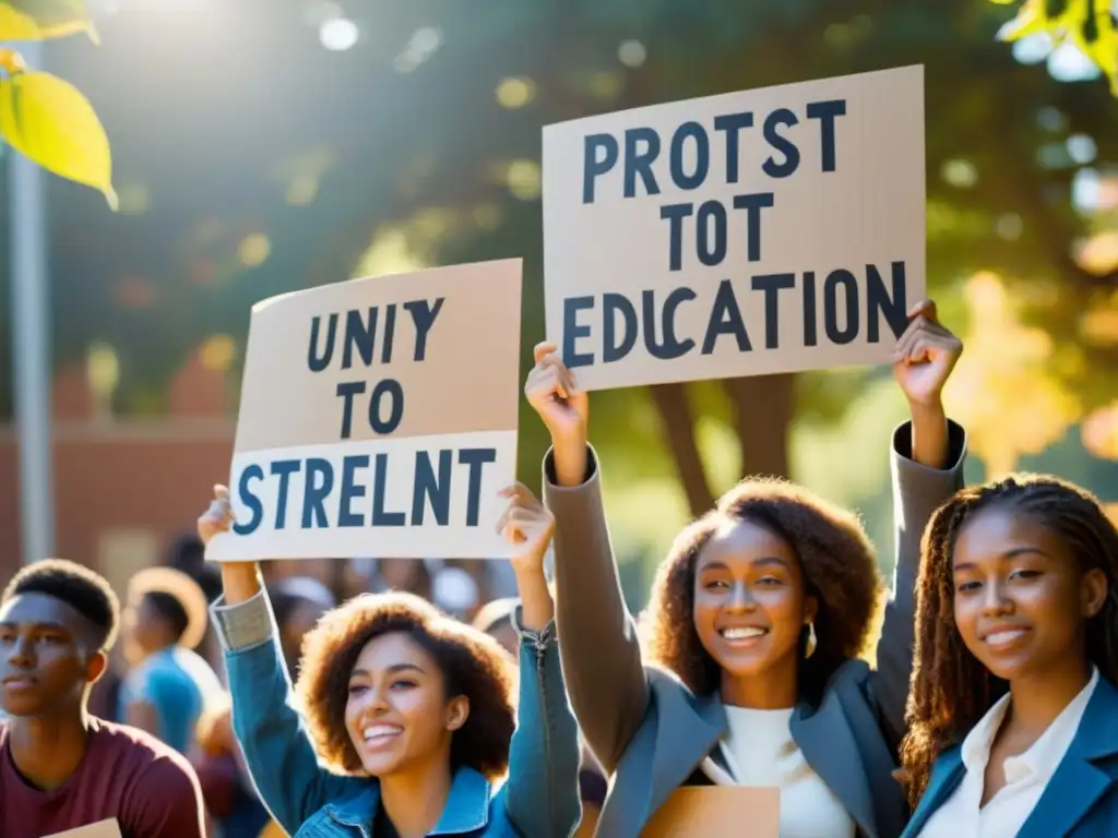 Grupo de estudiantes con pancartas en protesta frente a la universidad, mostrando determinación y pasión por el derecho a la educación