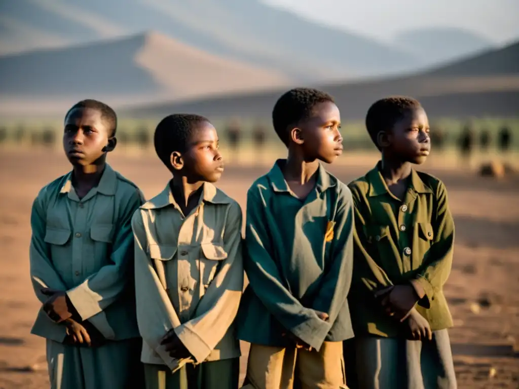 Grupo de ex niños soldados con mirada esperanzadora en paisaje desolado, sosteniendo una flor blanca