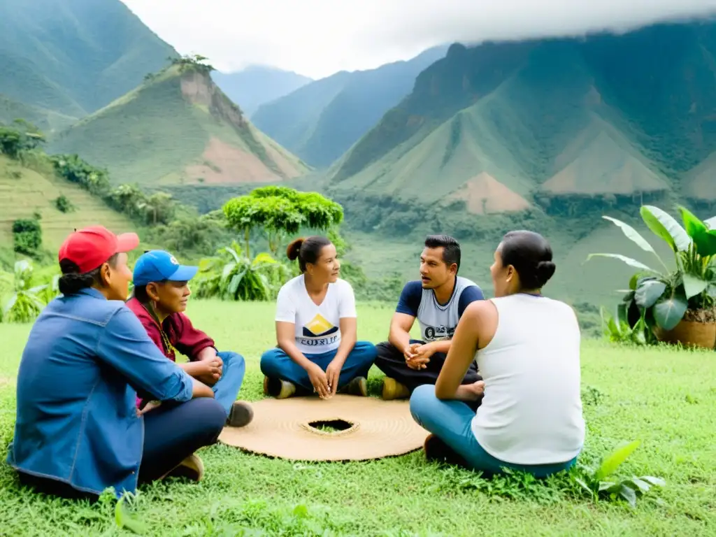 Un grupo de excombatientes de diferentes grupos armados en Colombia participa en un programa de desmovilización y reintegración, rodeados de exuberante vegetación y montañas