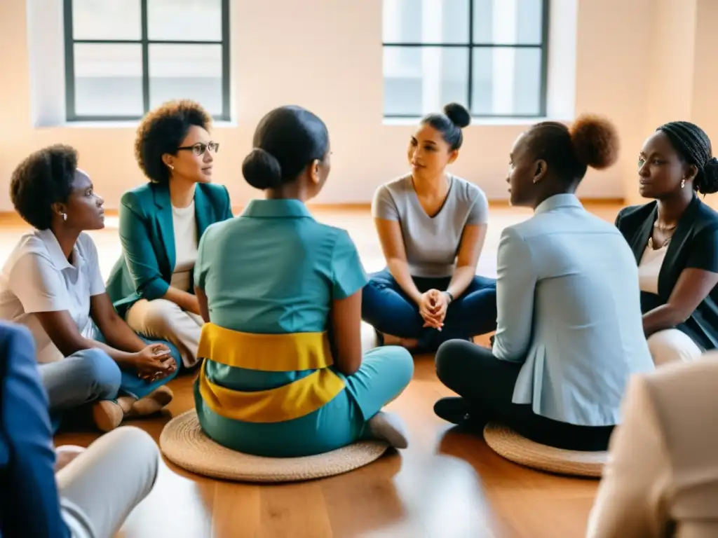 Un grupo de expertos en abordaje psicosocial conflictos era postbélica escucha con empatía y dedicación a diversas personas afectadas, ofreciendo apoyo y orientación en un cálido centro comunitario