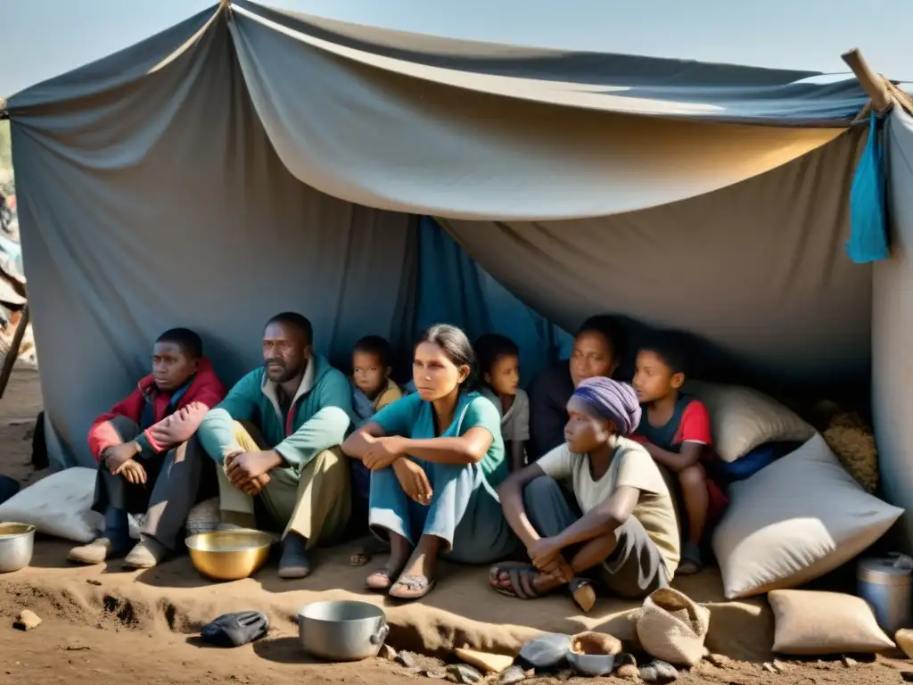 Grupo de familias desplazadas por conflicto, unidas en refugio improvisado