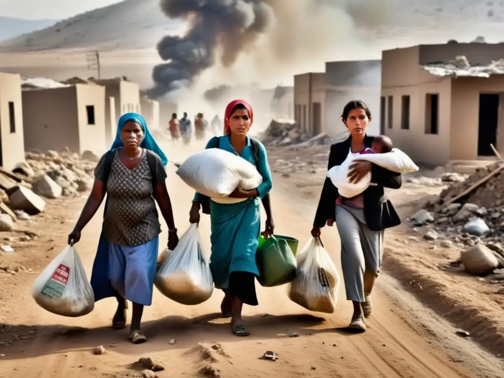 Grupo de familias desplazadas caminando entre escombros, mostrando el impacto de las guerras en la pobreza