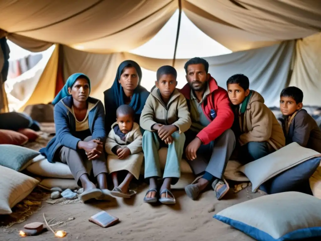 Grupo de familias desplazadas se refugian en medio de escombros, mostrando la necesidad de asistencia humanitaria en desplazamiento forzado