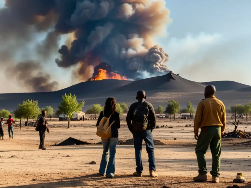 Un grupo de familias desplazadas observa con preocupación el horizonte, donde el humo de un incendio forestal se eleva en un paisaje árido y seco