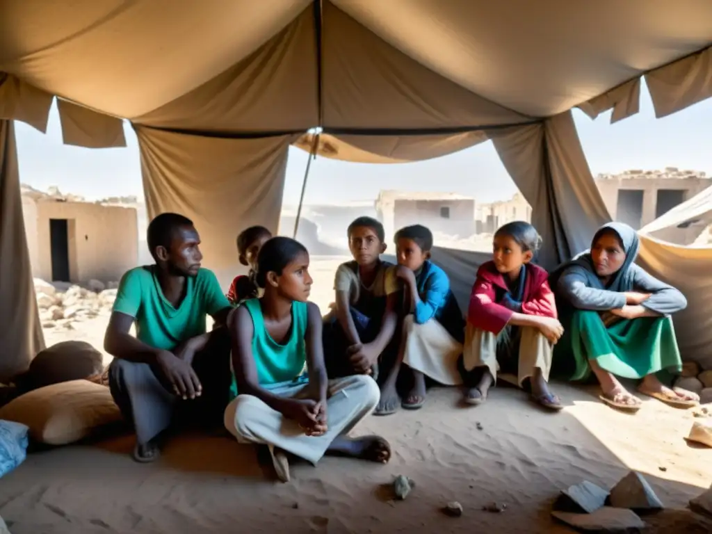 Grupo de familias desplazadas se reúnen en un refugio improvisado entre ruinas y escombros de una ciudad en guerra