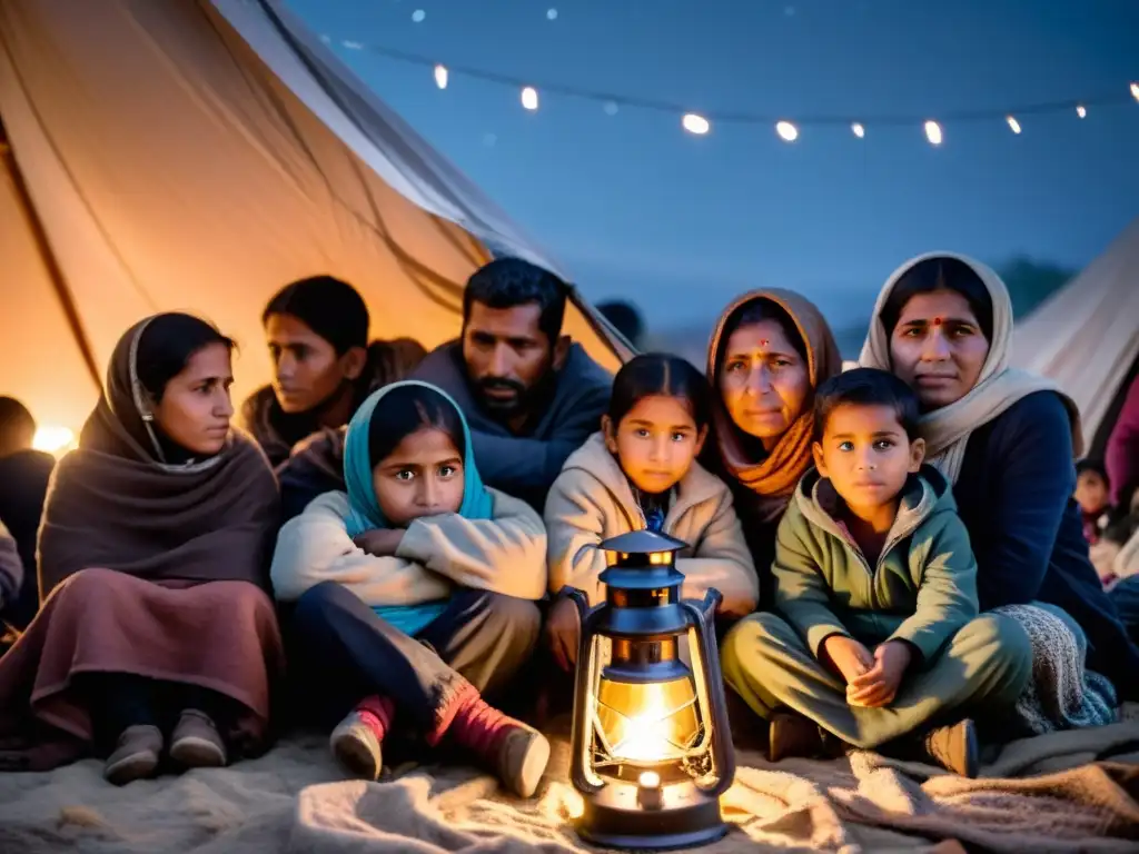 Un grupo de familias desplazadas se reúnen en un refugio improvisado, iluminados por una sola linterna