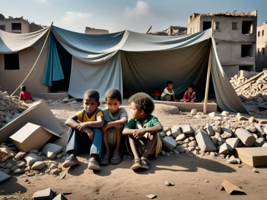 Grupo de familias desplazadas se reúnen en refugio improvisado en ciudad destruida por conflictos armados, mostrando secuelas invisibles