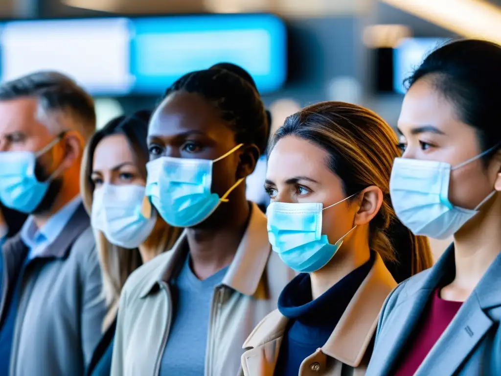 Grupo en fila usando mascarillas para chequeos de salud en un aeropuerto