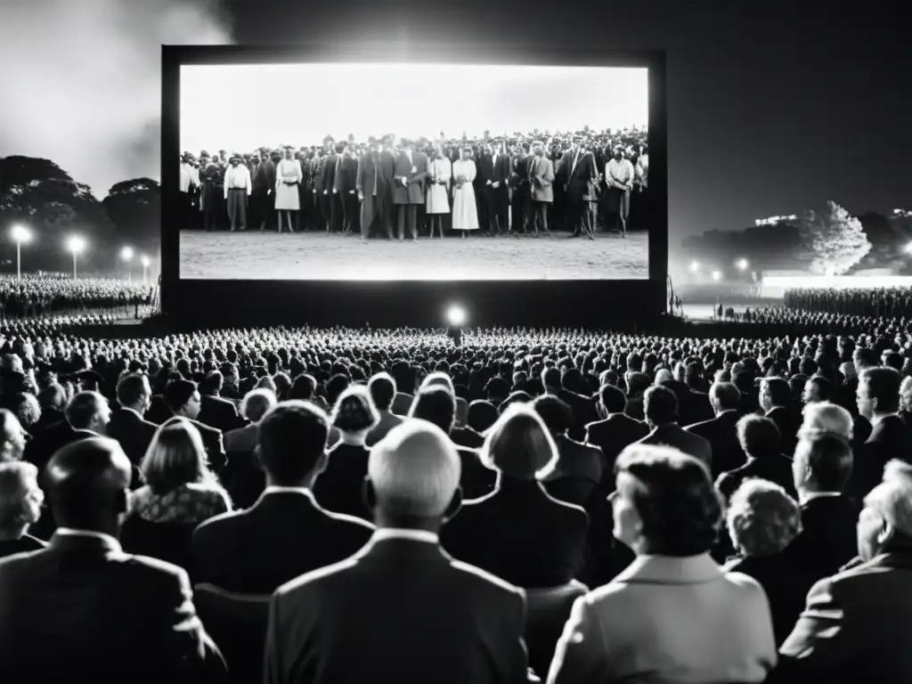 Grupo viendo film histórico al aire libre, con expresiones intensas