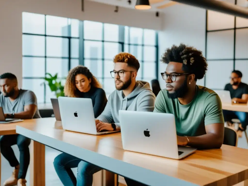 Grupo de freelancers concentrados en su trabajo en un espacio de coworking, reflejando la diversidad y colaboración