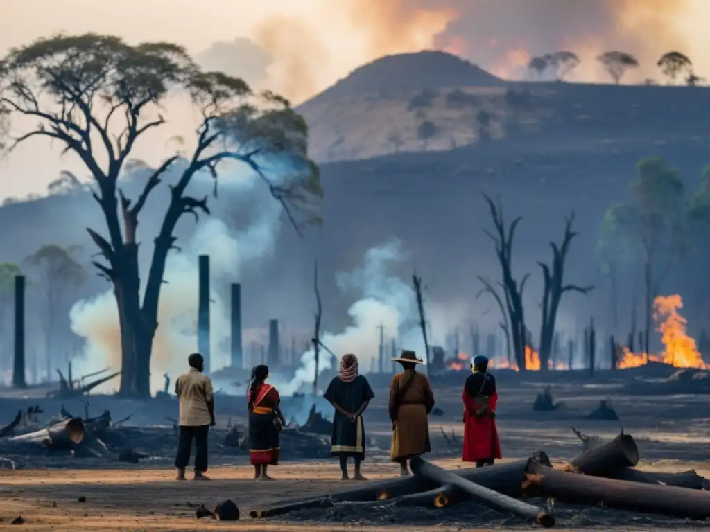 Grupo indígena contempla desolación por deforestación, mostrando unión frente a injusticia ambiental