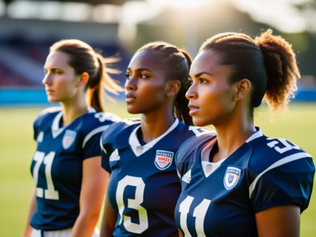 Un grupo de futbolistas mujeres diversas y determinadas, luciendo sus uniformes, en una pose poderosa en el campo