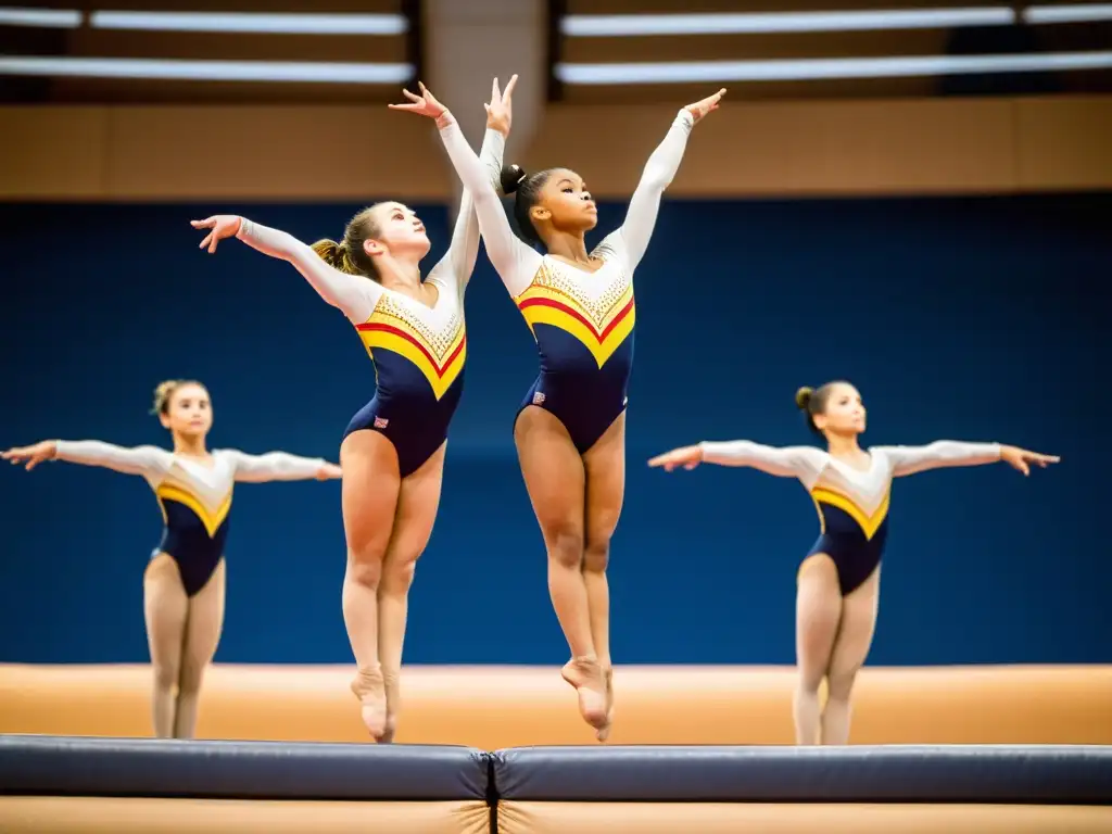 Grupo de gimnastas adolescentes ejecutan rutina sincronizada, mostrando autonomía juvenil a través de la gimnasia