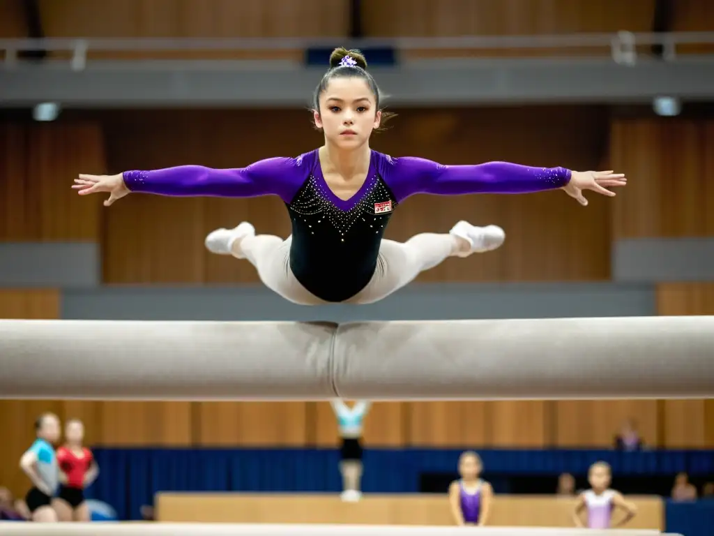 Un grupo de gimnastas jóvenes ejecutan con gracia y determinación movimientos en la viga de equilibrio