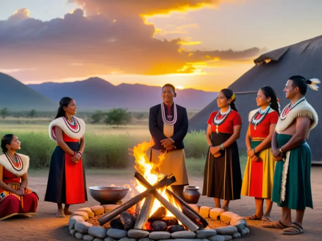 Un grupo de hombres y mujeres indígenas se reúnen alrededor de un fuego en su comunidad, mostrando orgullo y tradición