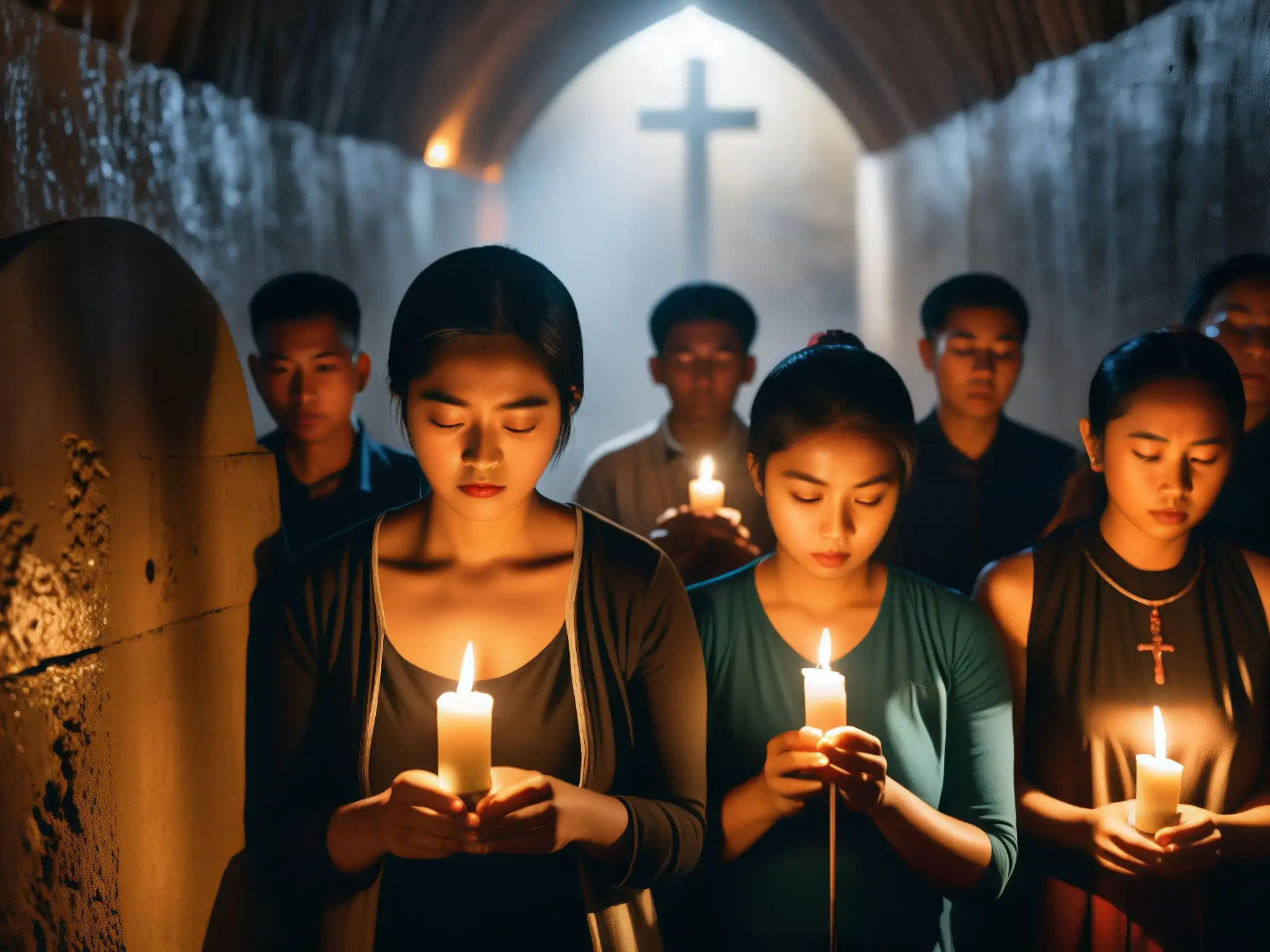 Grupo rezando en iglesia clandestina, rostros afligidos por persecución religiosa en regímenes asiáticos