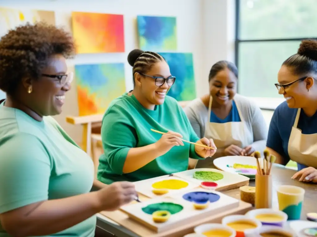 Un grupo inclusivo de personas con discapacidad crea arte en un estudio luminoso, reflejando acceso a la cultura y empoderamiento