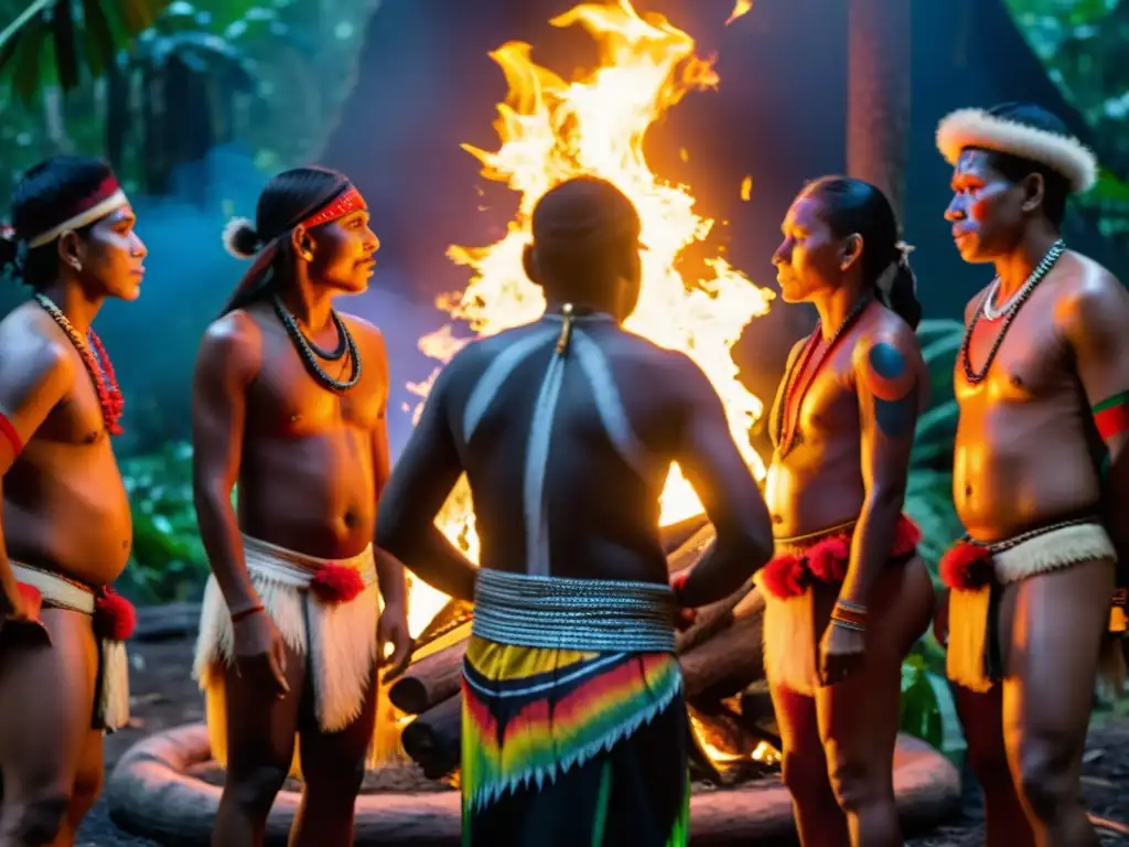 Grupo indígena realiza danza ceremonial alrededor del fuego en la selva