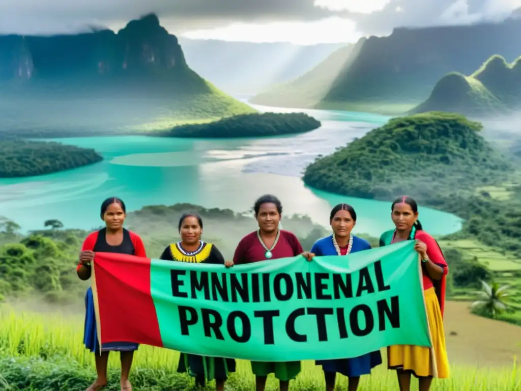 Indígenas defienden su tierra con determinación Grupo indígena luchando por derechos de tierra y recursos naturales, con pancartas de protección ambiental
