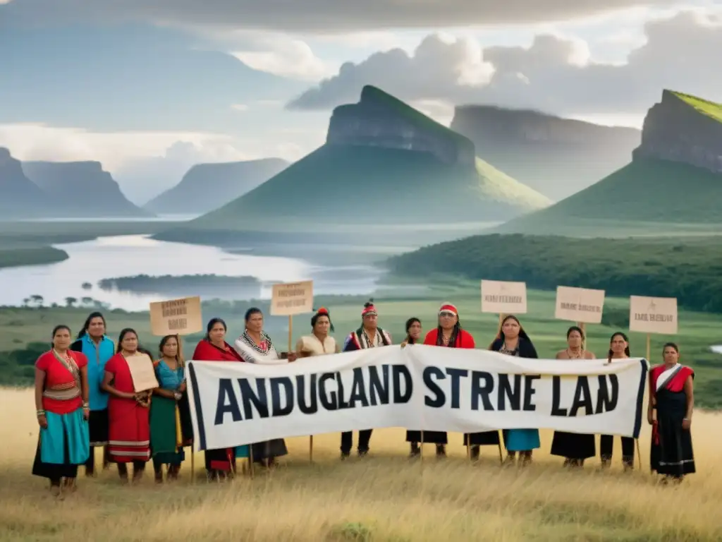 Indígenas en protesta: determinación y unidad por la tierra Grupo indígena luchando por sus derechos a la tierra y recursos naturales, mostrando determinación y unidad en protesta