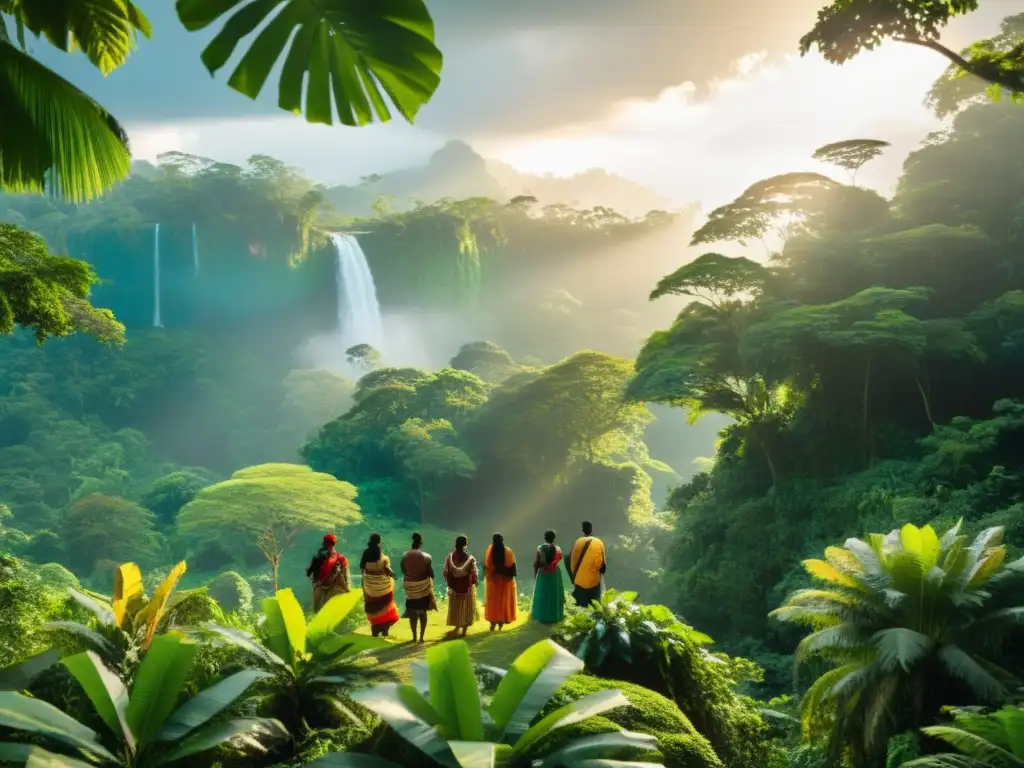 Indígenas en selva exuberante: conexión ancestral Grupo indígena en la exuberante selva, conectados con su entorno