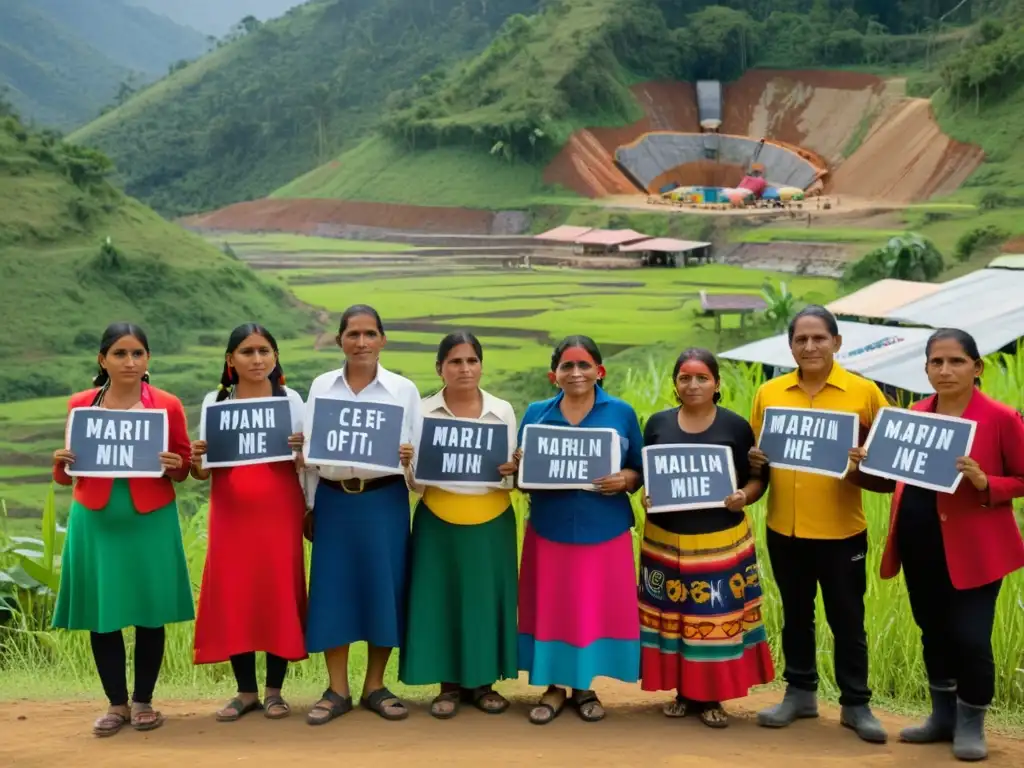 Grupo indígena guatemalteco protesta Impacto ambiental Mina Marlin Guatemala con pinturas tradicionales y pancartas multicolores