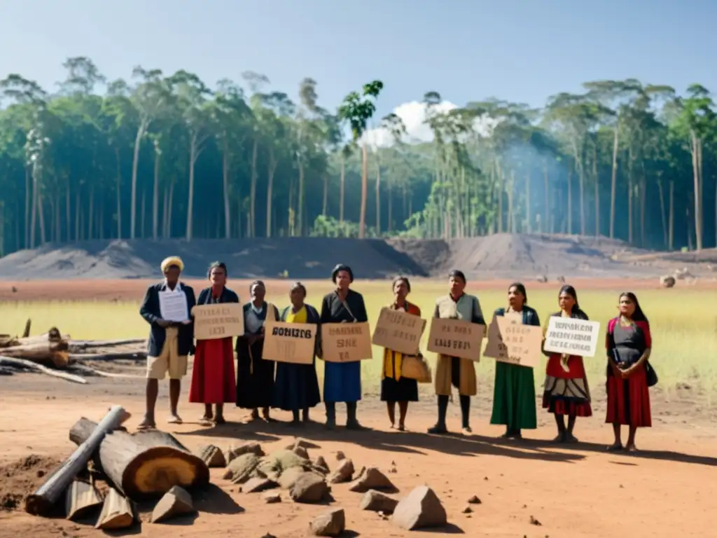 Grupo indígena protesta impactos ambientales políticas dictatoriales en América del Sur, frente a tierra deforestada