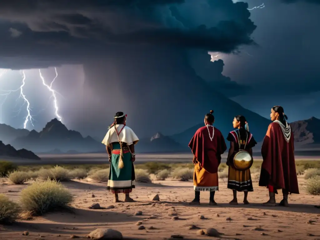 Grupo indígena en paisaje desolado, enfrentando tormenta con determinación