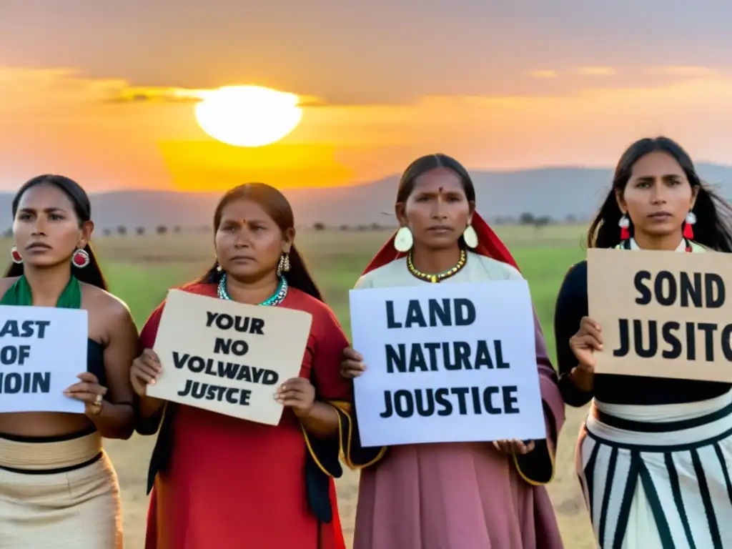 Protesta indígena al atardecer: defensa de tierras ancestrales Grupo indígena en protesta por derechos de tierra y recursos naturales