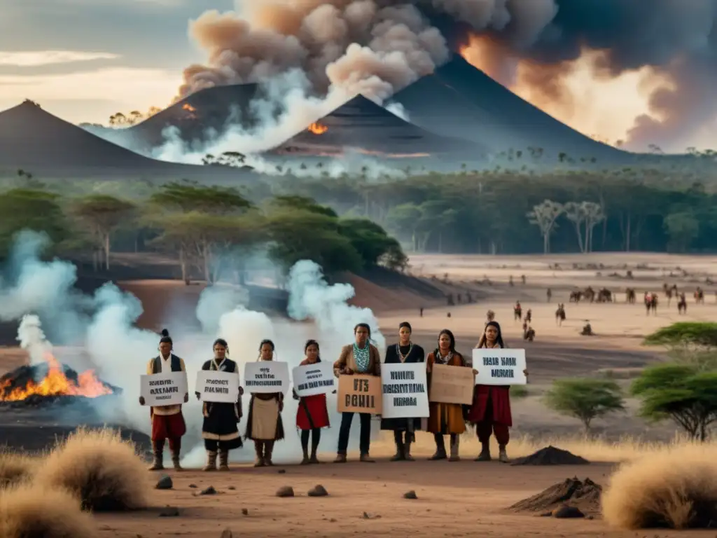 Grupo indígena protesta por desastres ecológicos y derechos humanos globales en paisaje deforestado con división entre naturaleza y desolación