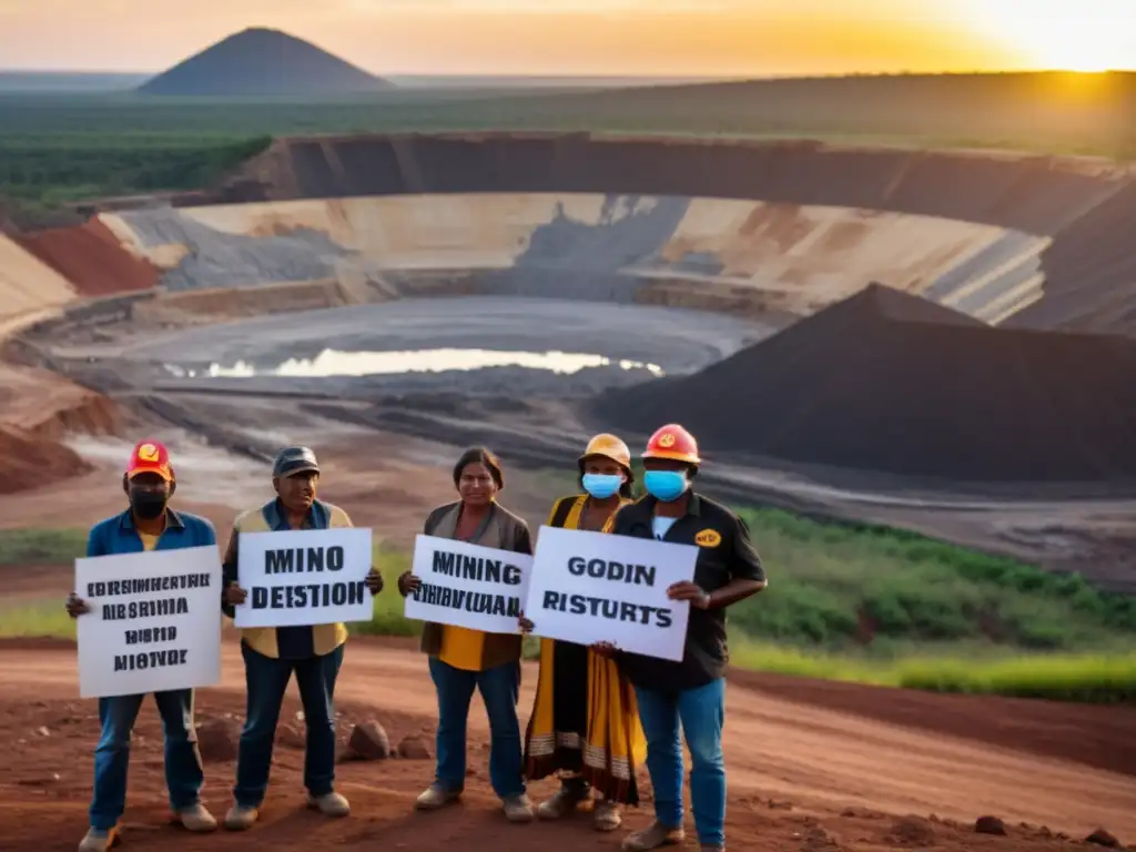 Grupo indígena protesta contra explotación minera y violencia derechos humanos al atardecer