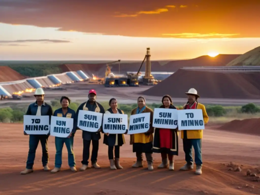 Grupo indígena protesta pacíficamente frente a la minería al atardecer, representando las complejas regulaciones legales y derechos humanos