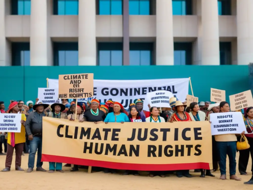 Grupo indígena protesta por inversiones responsables, derechos humanos globales y justicia climática frente a edificio gubernamental