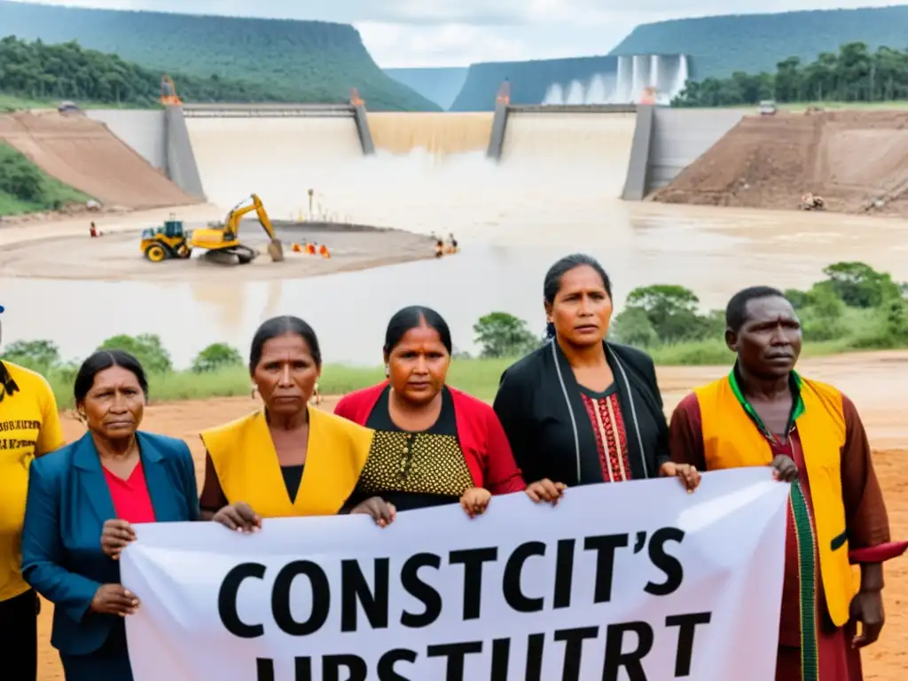 Grupo indígena protesta contra represa hidroeléctrica, mostrando impactos humanos y ecológicos