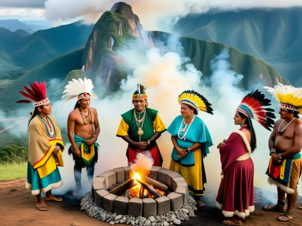 Grupo indígena en ritual alrededor del fuego en Raposa Serra do Sol, Brasil