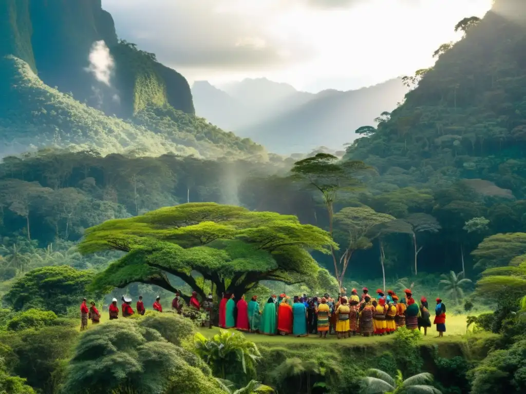 Comunidad indígena unida en la selva Grupo indígena en la selva, unidos en lucha global por derechos a la tierra y recursos, reflejando resiliencia y fuerza