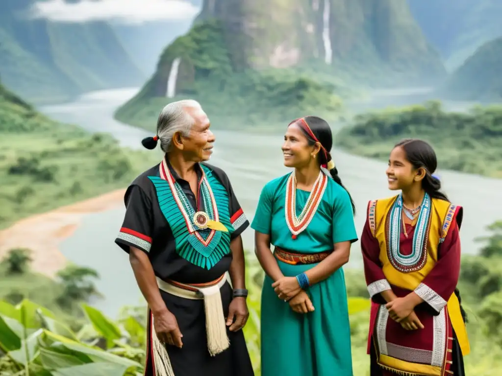 Herencia indígena: Resiliencia y conexión con la tierra Grupo indígena en su tierra ancestral, transmitiendo historias a las generaciones, con colores vibrantes y paisaje natural