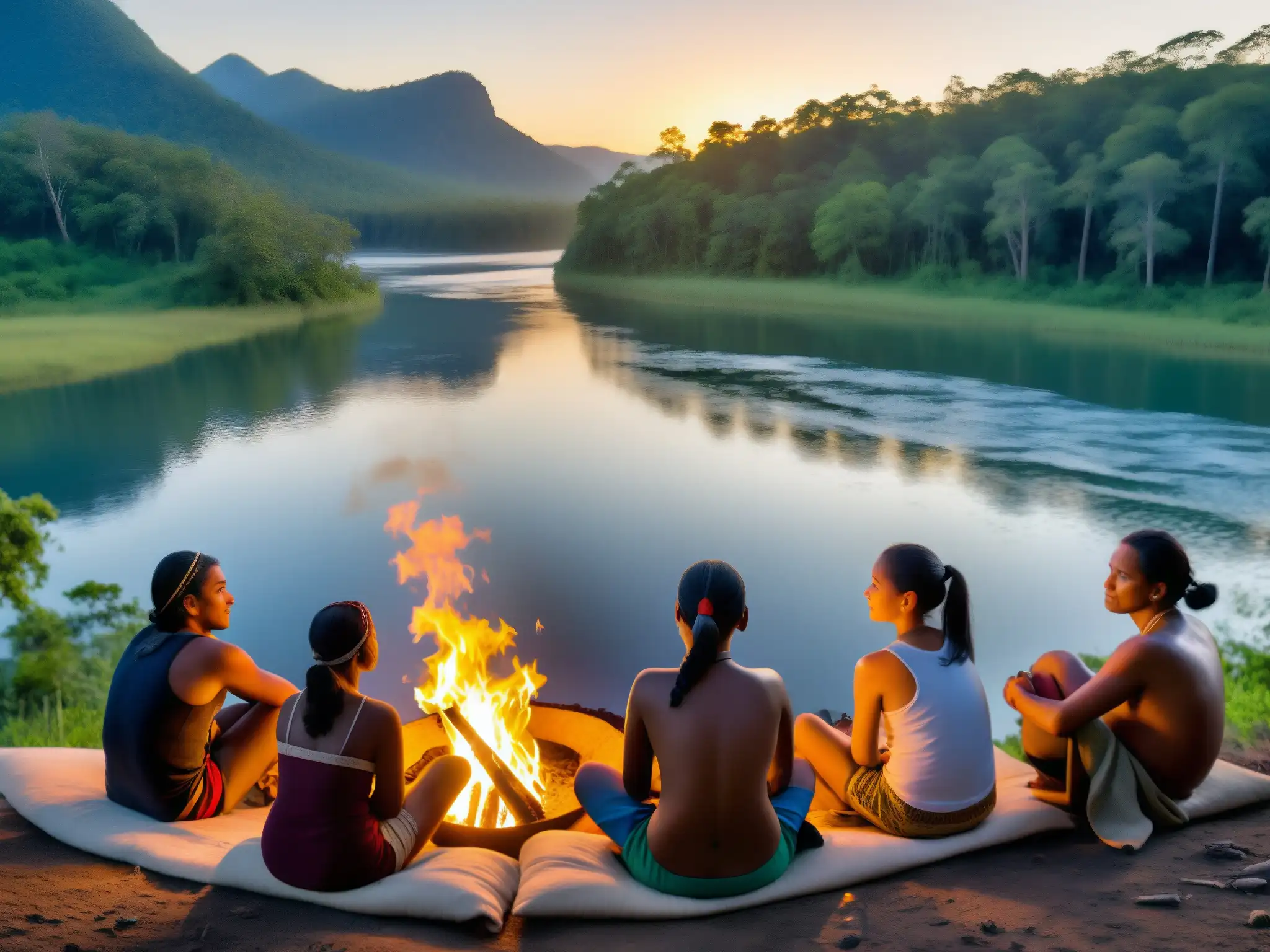 Grupo indígena comparte tradiciones alrededor del fuego al atardecer, en un entorno natural biodiverso