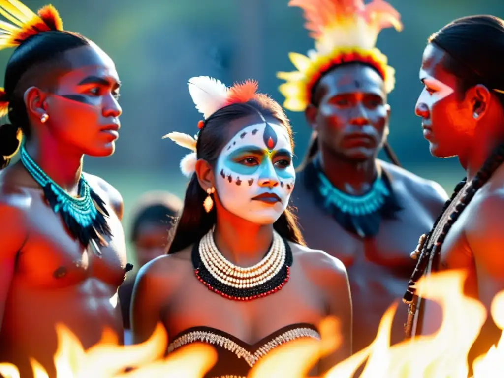 Grupo de indígenas en ceremonia cultural, con plumas, pintura facial y fuego, simbolizando la dualidad ceremonias culturales derechos humanos